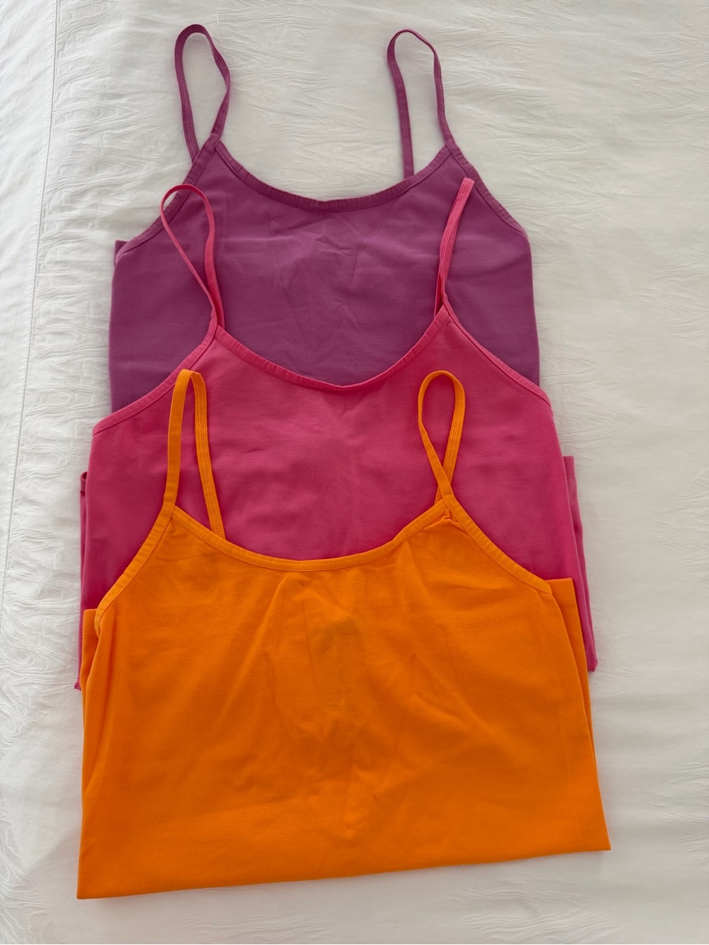 Sisley Trio Spaghetti Strap Tank Tops in Orange, Pink, Purple